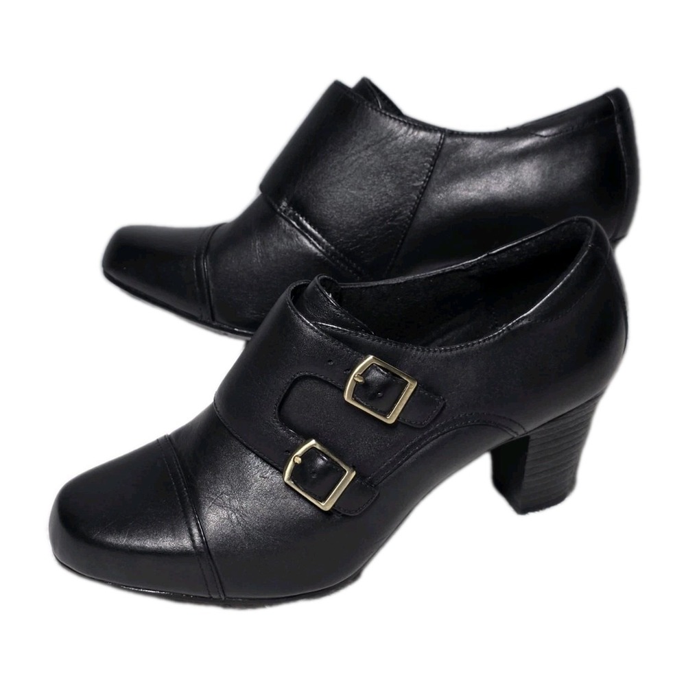 Clarks Bendables Womens 7.5 W Black Leather Double Monk Strap Heels Shoes